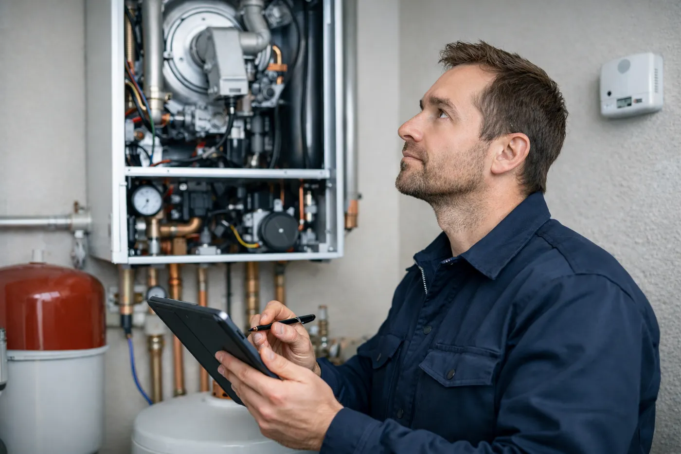 Engineer working an out-of-hours emergency boiler call